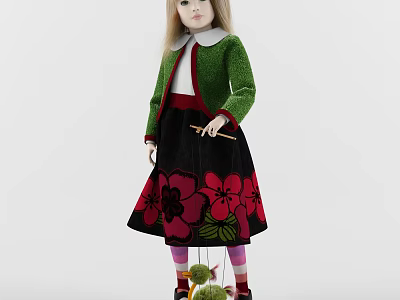 Blonde Hair Doll In Green Sweater With Red Collar Black Flower Skirt And Pink Tights 3d model