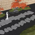 Stepping Stones Path In Japanese Garden With Red Maple Trees Bamboo Fence And Black Gravel