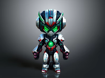 Cartoon Style 3D Robot Character With Green Eyes And Metallic Armor Chest Core 3d model
