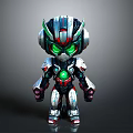 Cartoon Style 3D Robot Character With Green Eyes And Metallic Armor Chest Core