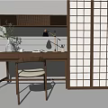 Minimalist Wooden Desk With Table Lamp Plant Vase Book Cup And Chair By Shoji Screen