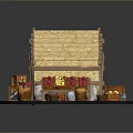Wooden Market Stall With Canvas Roof And Colorful Fruits In Containers
