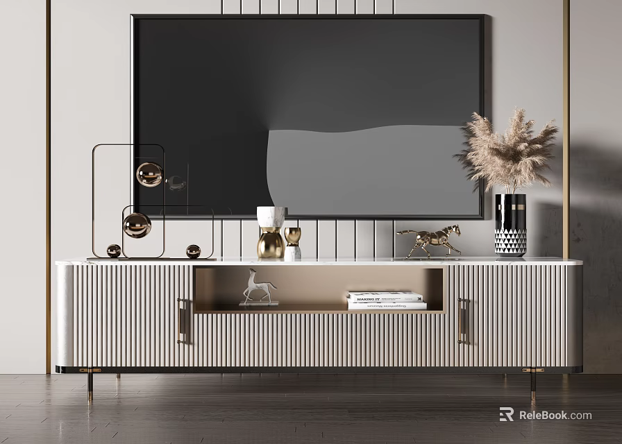 Modern Striped TV Stand With Flat Screen TV Decorative Objects Vase And Books 3d model 