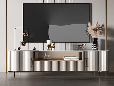 Modern Striped TV Stand With Flat Screen TV Decorative Objects Vase And Books 3d model