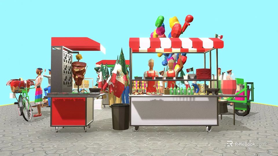 Outdoor Street Food Stalls With Red Canopy Striped Awning And Colorful Balloons 3d model 
