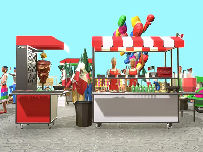 Outdoor Street Food Stalls With Red Canopy Striped Awning And Colorful Balloons 3d model