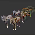 Four White Horses Pulling Wooden Wagon With Red Harnesses And Wheels