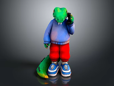 Cartoon Green Crocodile Wearing Blue Sweater Red Pants And Blue Sneakers Holding Black Phone 3d model