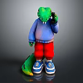 Cartoon Green Crocodile Wearing Blue Sweater Red Pants And Blue Sneakers Holding Black Phone