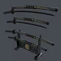 Traditional Samurai Swords with Black Handles Gold Decorations Sheaths and Decorative Stand with Circular Emblem