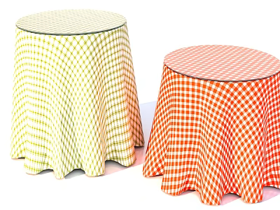 Round Side Tables With Glass Top And Plaid Tablecloths In Yellow Red 3d model