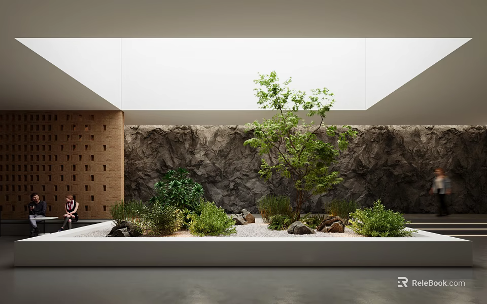 Modern Garden Ornament With Rock Wall Tree Plants Bench And Soft Light 3d model 