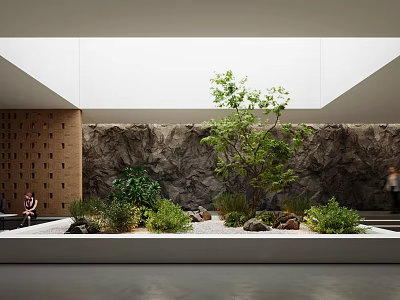 Modern Garden Ornament With Rock Wall Tree Plants Bench And Soft Light 3d model