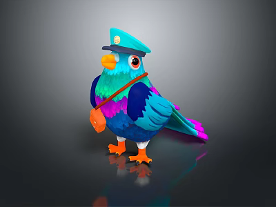 Colorful Flying Bird With Blue Hat Orange Beak Feet And Purple Backpack 3d model