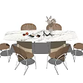 Elegant Oval Marble Dining Table Set With Six Wooden Chairs Metal Legs And Fruits Plants
