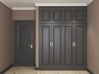 Modern Dark Gray Four Door Wardrobe With Gold Handles And Matching Interior Door 3d model