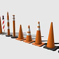 Various Sizes Of Orange Traffic Cones And Striped Warning Posts For Road Safety Equipment