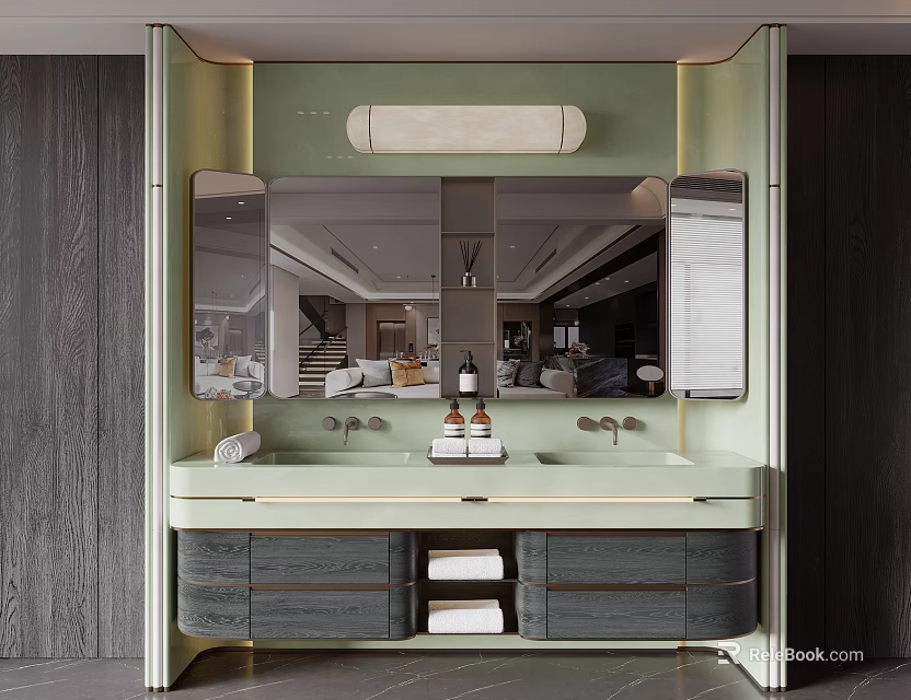 Elegant Modern Bathroom Washbasin With Green Frame Large Mirror Toiletries And Cabinets 3d model 