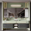 Elegant Modern Bathroom Washbasin With Green Frame Large Mirror Toiletries And Cabinets