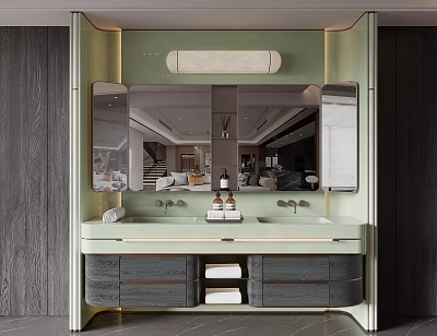 Elegant Modern Bathroom Washbasin With Green Frame Large Mirror Toiletries And Cabinets 3d model