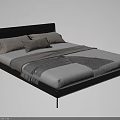 Modern Double Bed With Black Headboard Striped Blanket And Pillows 3d model