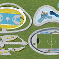 Outdoor Recreational Area With Basketball Court Swimming Pool Football Field Seating Areas And Trees