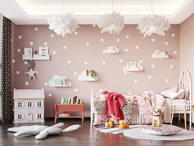 Kids Room With Pink Polka Dot Walls Cloud Decor Letter Art And Cloud Pendant Lights 3d model