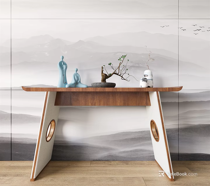 Chinese Elegant Console Table With Wooden Top Blue Figurines And Landscape Painting Wall 3d model 