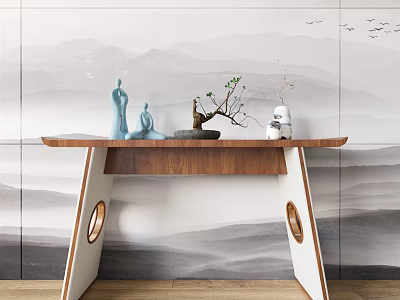 Chinese Elegant Console Table With Wooden Top Blue Figurines And Landscape Painting Wall 3d model