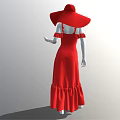Model Wearing Off Shoulder Ruffle Red Dress With Red Wide Brimmed Hat
