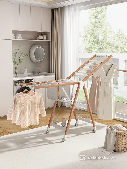 Modern Wooden Clothes Drying Rack With Wheels And Hanging Garments In Laundry Area 3d model 