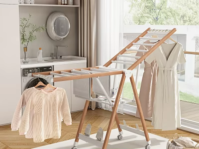 Modern Wooden Clothes Drying Rack With Wheels And Hanging Garments In Laundry Area 3d model