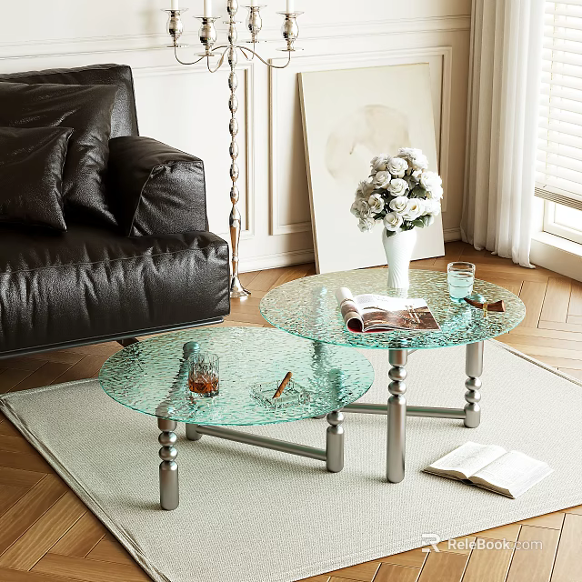 Modern Glass Coffee Table With Metal Legs White Flower Vase And Magazine 3d model 
