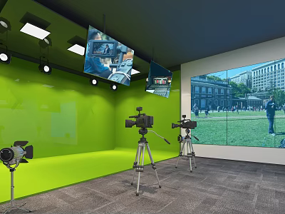 Public Office Space With Green Backdrop Hanging Screens Tripod Cameras Large Screen Showing Outdoor Scene 3d model