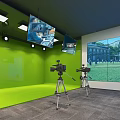 Public Office Space With Green Backdrop Hanging Screens Tripod Cameras Large Screen Showing Outdoor Scene