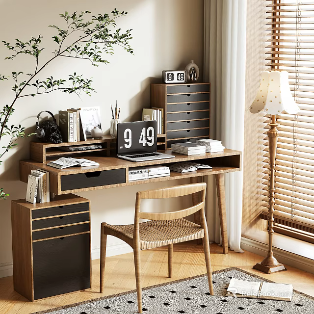 Modern Wooden Desk With Drawers Books Floor Lamp Wicker Chair And Potted Plant 3d model 