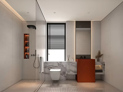 Modern Bathroom Interior Design With Glass Shower Marble Counter Blinds And Orange Cabinet 3d model