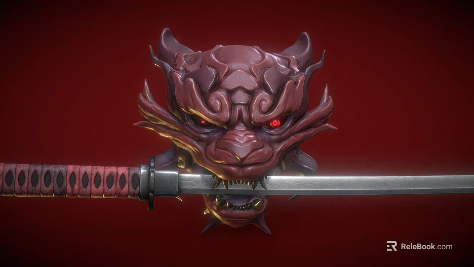 3D Dragon Head With Samurai Sword On Red Background Featuring Intricate Design And Red Eyes 3d model 