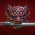 3D Dragon Head With Samurai Sword On Red Background Featuring Intricate Design And Red Eyes