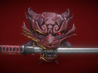 3D Dragon Head With Samurai Sword On Red Background Featuring Intricate Design And Red Eyes 3d model