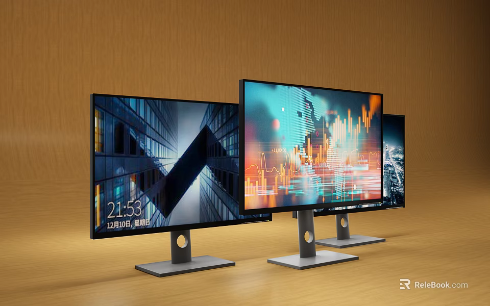 Three Computer Monitors Displaying Various Content On Wooden Desk Setup 3d model
