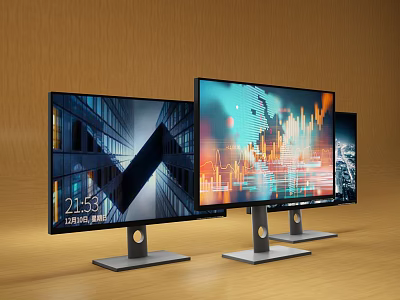 Three Computer Monitors Displaying Various Content On Wooden Desk Setup 3d model