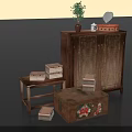 Vintage Wooden Furniture Collection Featuring Cabinet Small Table Decorative Trunk And Potted Plant