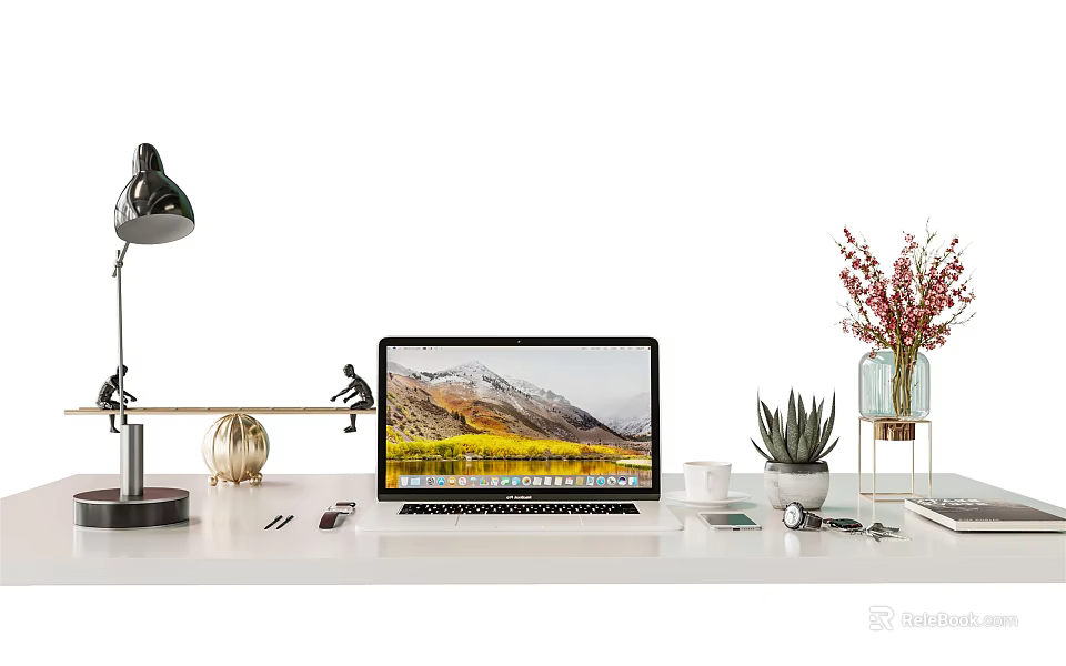 Office Desk Decorative Ornament Set With Desk Lamp Laptop Vase Succulent And Stationery 3d model 