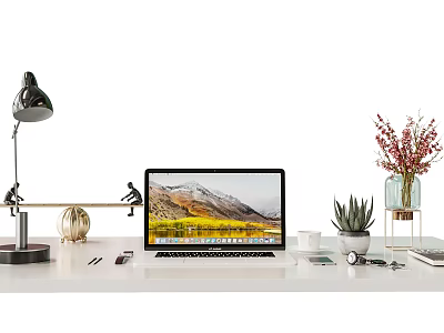 Office Desk Decorative Ornament Set With Desk Lamp Laptop Vase Succulent And Stationery 3d model