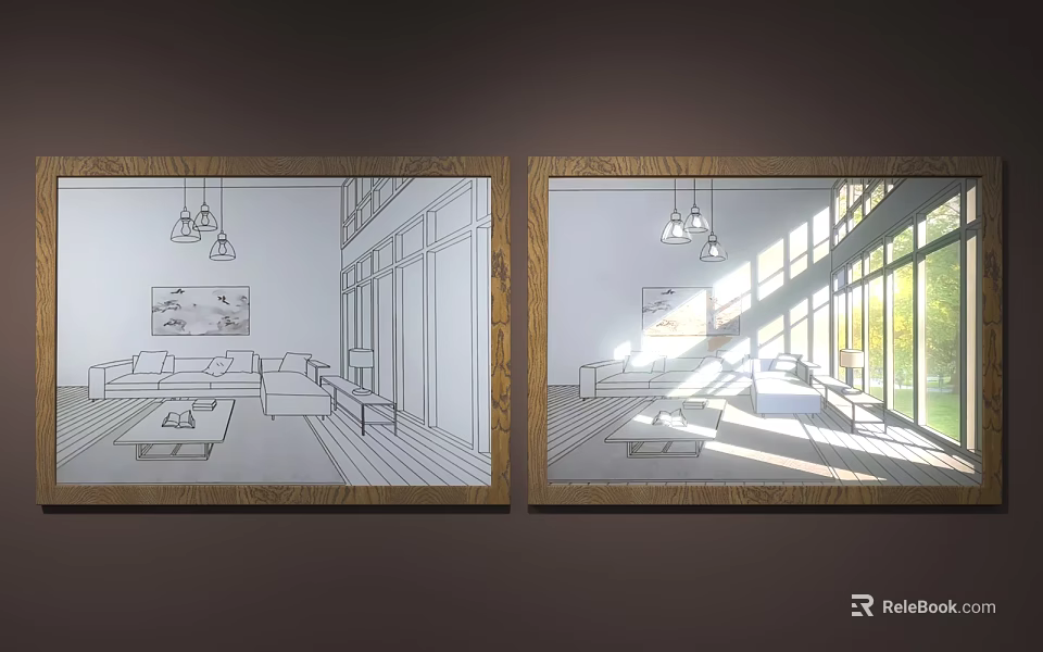 Two Framed Living Room Designs Sketch And Actual With Sunlight And Furniture 3d model 