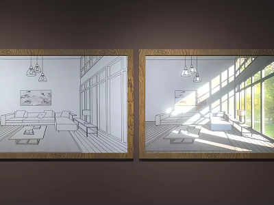Two Framed Living Room Designs Sketch And Actual With Sunlight And Furniture 3d model