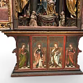 Carved Wooden Religious Altarpiece With Madonna Saints And Painted Triptych Figures