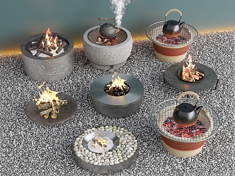 Teapot Tea Set Encircled Stove for Making Tea Bonfire 3d model