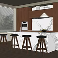 Stylish Bar Counter With Marble Top Four Stools And Wooden Cabinets In Kitchen”